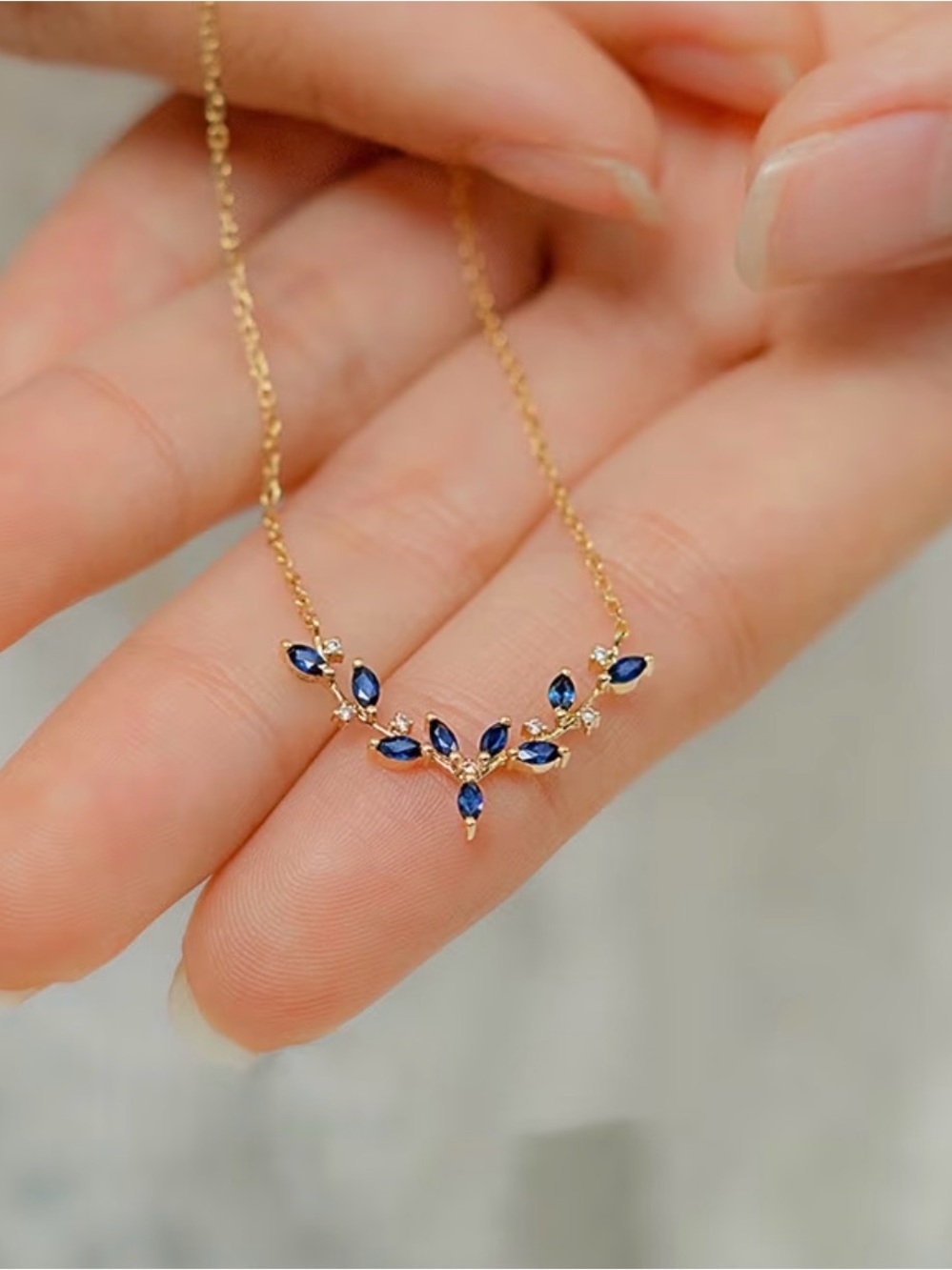 New Deer Antler Pendant  Necklace for Women Gold Plated  Deep Sea Blue Zirconia
